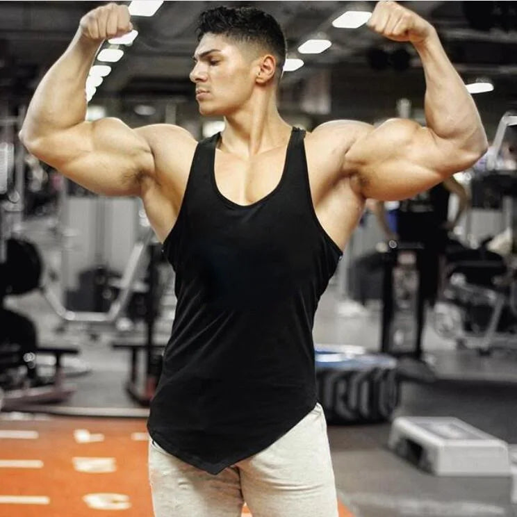 Men's Custom Cotton Stringer Fitness Vest Wholesale Single Sports Muscle Bodybuilding Tank Tops Irregular Hem Breathable Design