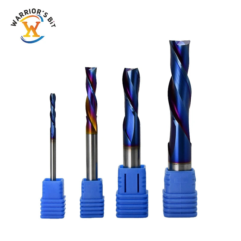 Warrior's Bit Carbide End Mills 2 Flutes 3.175mm 6mm 8mm 10mm Nano Blue Coated Spiral Down Cut Bit for Wood