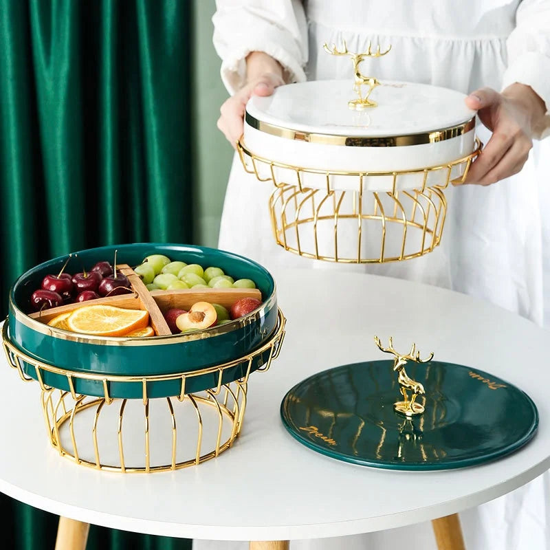 Factory Direct Sales Fashion Simple Living Room Ceramic Golden Elk Divided Grid Fruit Plate Dried Fruit Snack Plate Candy Plate