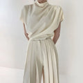 Wholesale 2022 Summer Elegant Stand Collar Sleeveless Top  High Waist Pleated Casual Wide Leg Pants Women's Sets