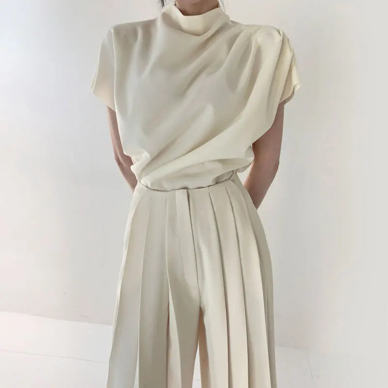 Wholesale 2022 Summer Elegant Stand Collar Sleeveless Top  High Waist Pleated Casual Wide Leg Pants Women's Sets