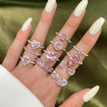 Temperament Row Diamond Ring Sterling Silver Ring Inlaid White Pink Water Drop Heart Zircon Ring for Women Girls