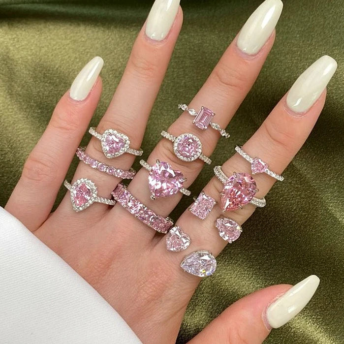 Temperament Row Diamond Ring Sterling Silver Ring Inlaid White Pink Water Drop Heart Zircon Ring for Women Girls