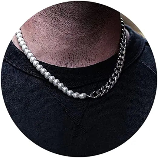 6mm 8mm Pearl Necklace Men Half Pearl Half Chain Necklace 18k Gold Stainless Steel Cuban Link Pearl Necklace for Men