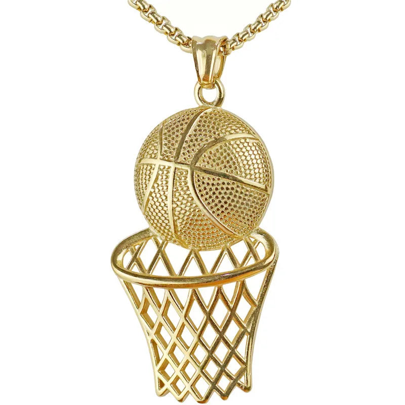 BOXUAN 60cm Long Stainless Steel Chain Simple Street Hip Hop Fashion Gold Plated Basketball Pendant Necklaces American Style