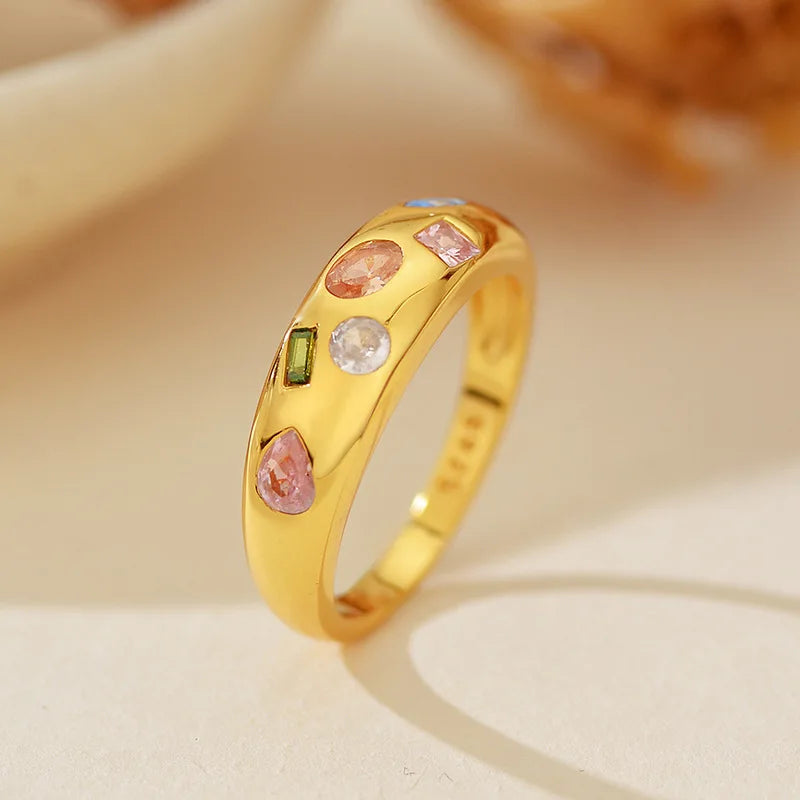 Wholesale Custom 925 Silver Fine Jewelry Korean Ring Fashion Vintage Rainbow Colored Bezel Zircon Chunky Dome Rings for Girls