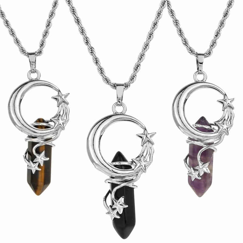 Custom Natural Stone  Pendant Necklace Jewelries Women Moon Star  Personalized  Hexagonal Column Quartz Crystal Necklace