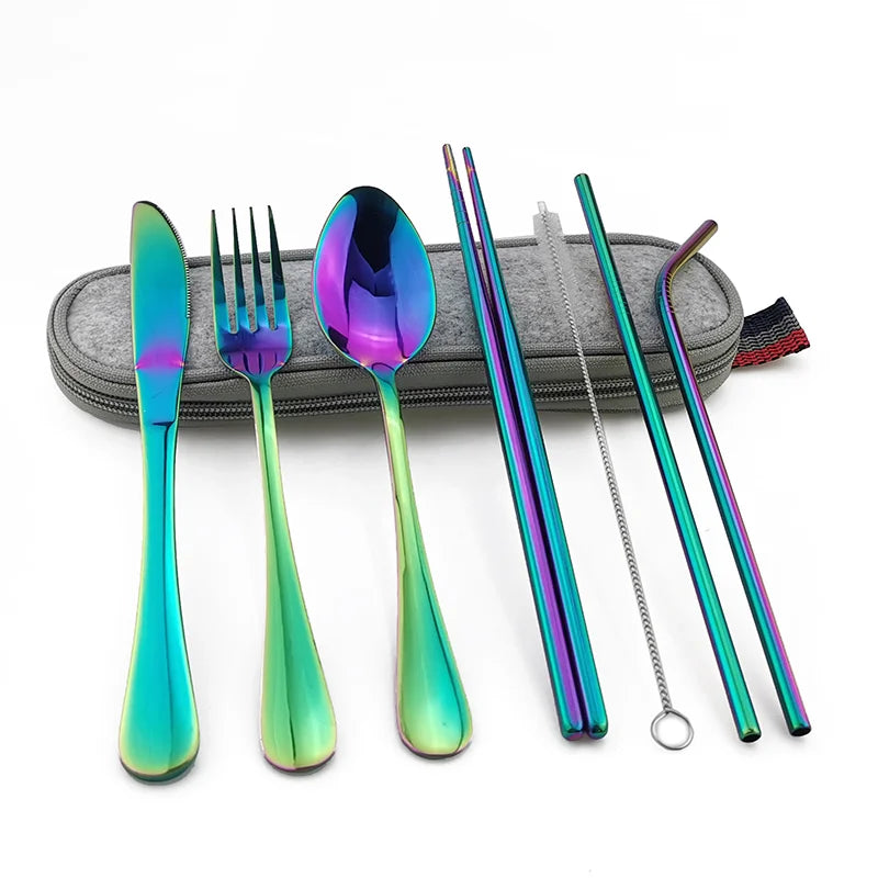 Travel Silverware Flatware with Metal Straws Spoon Fork Chopstick Set Stainless Steel Portable Cutlery Set