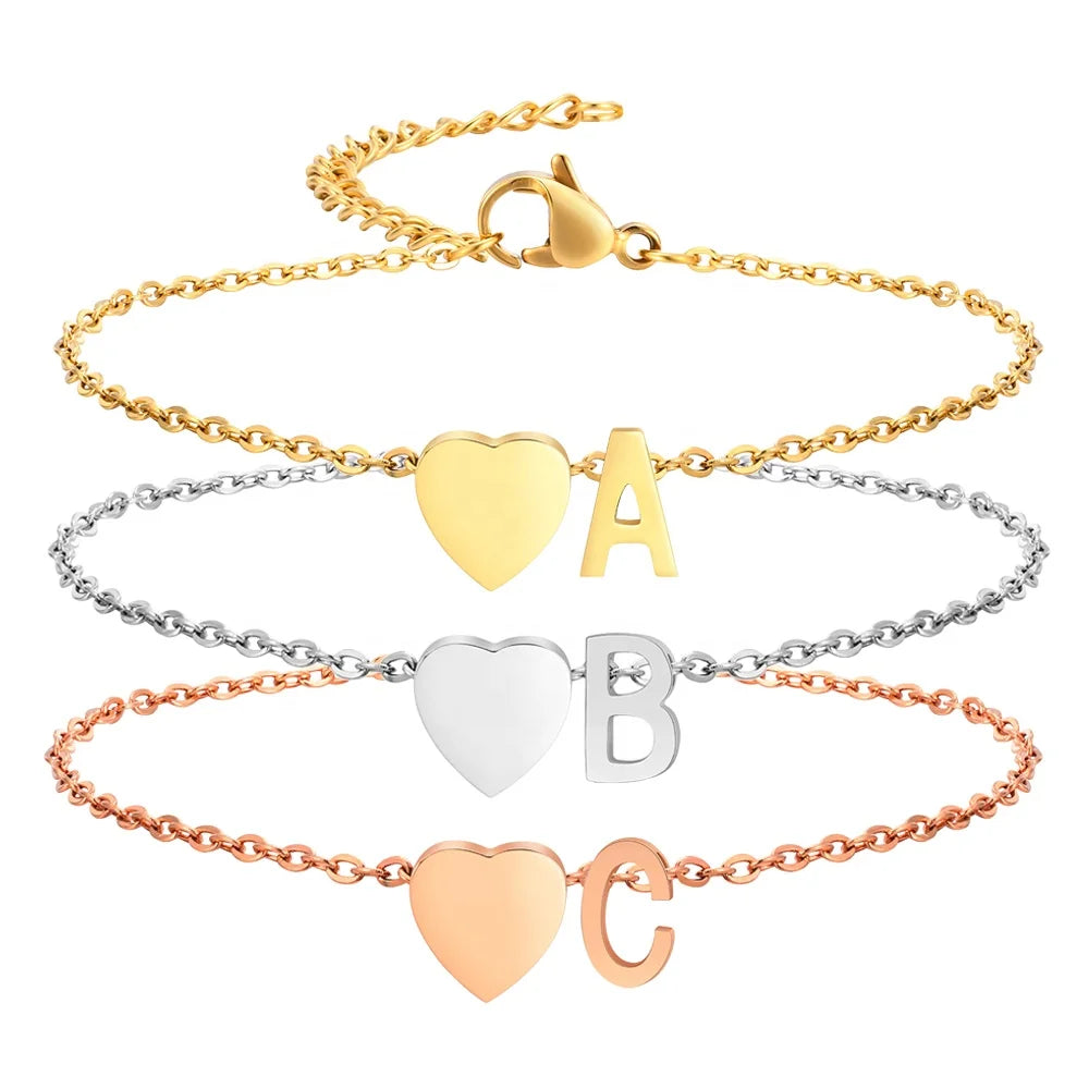 Fashion Non Tarnish Silver Rose 18K Gold Plated Stainless Steel Women Charm Heart Alphabet 26 Letter Initial Bracelet Jewelry