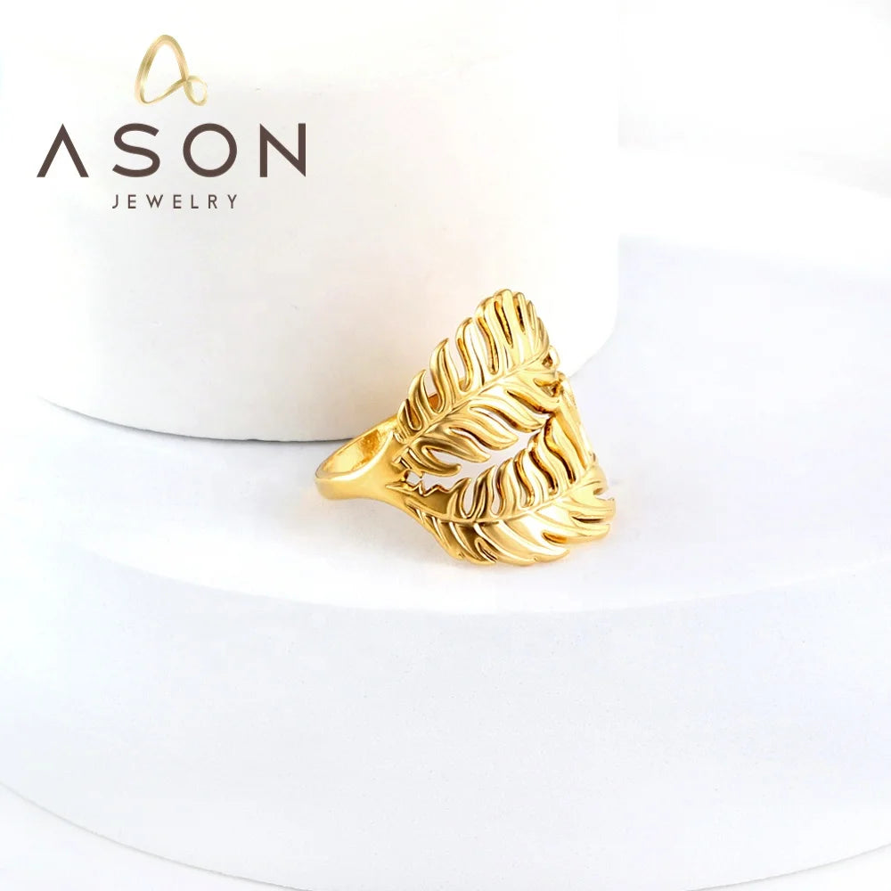 Ason Fashion Jewelry Ladies Ring Custom 18k Gold Plated Ring Unique Leaf Shape Ring Wholesale