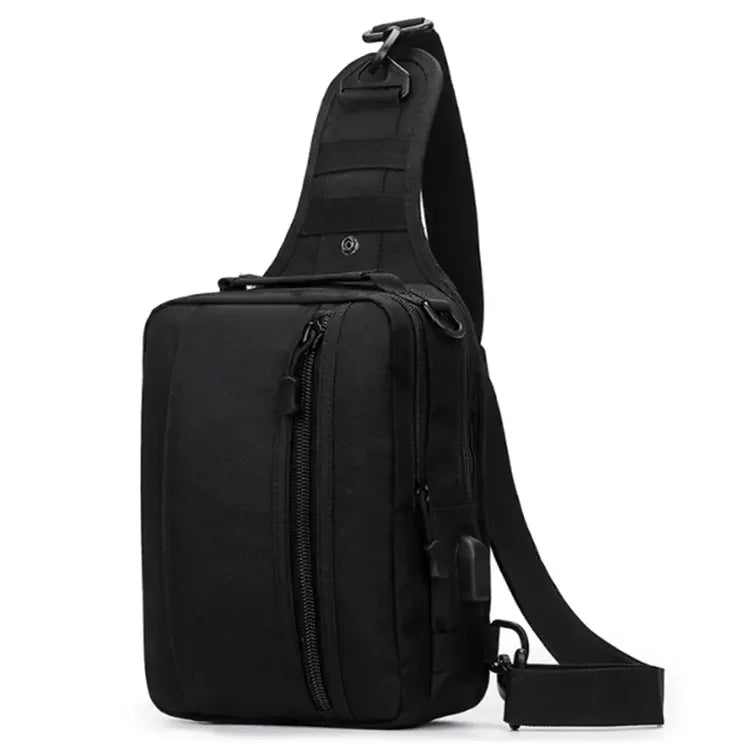 Tactical Chest Pack USB Charging MOLLE Sling Bag for Men Camo Crossbody Shoulder Pack with Waterproof Power Bank Compartment