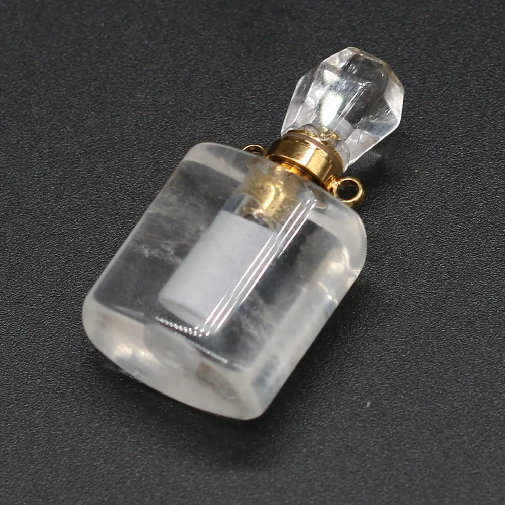 HZ Natural Crystal Gem Stone Clear Quartz Perfume Bottle Pendant for Women Girls Diffuser Necklaces Aromatherapy Gifts