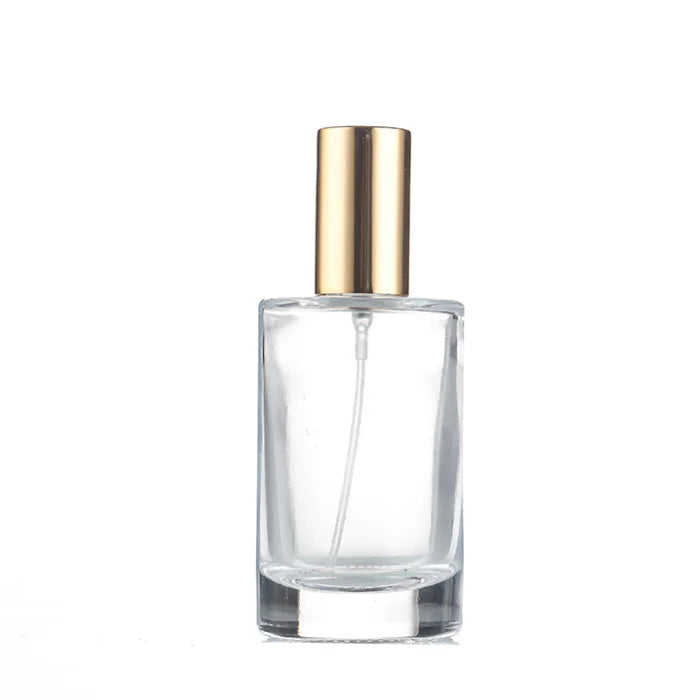Empty Round Screw 50ml Perfume Bottle Skincare Cosmetic Packaging Transparent Glass Oil Spray Bottle with Gold Cover