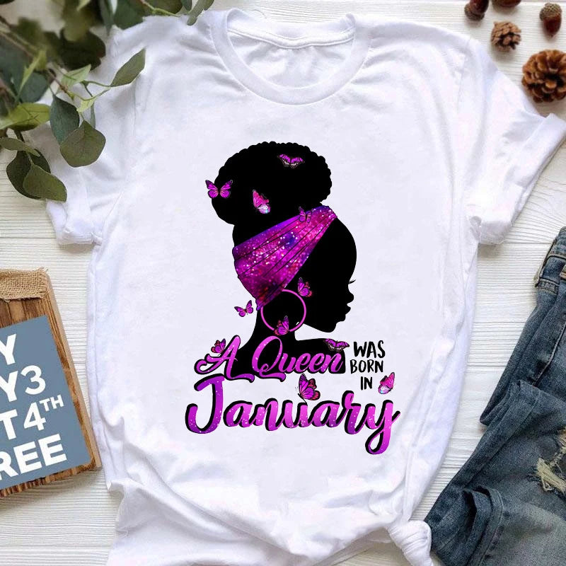 A Queen Was Born in January-December Butterflies Black Girl Print Graphic Tees Women 90s Friends Tshirt Birthday Gift T Shirts