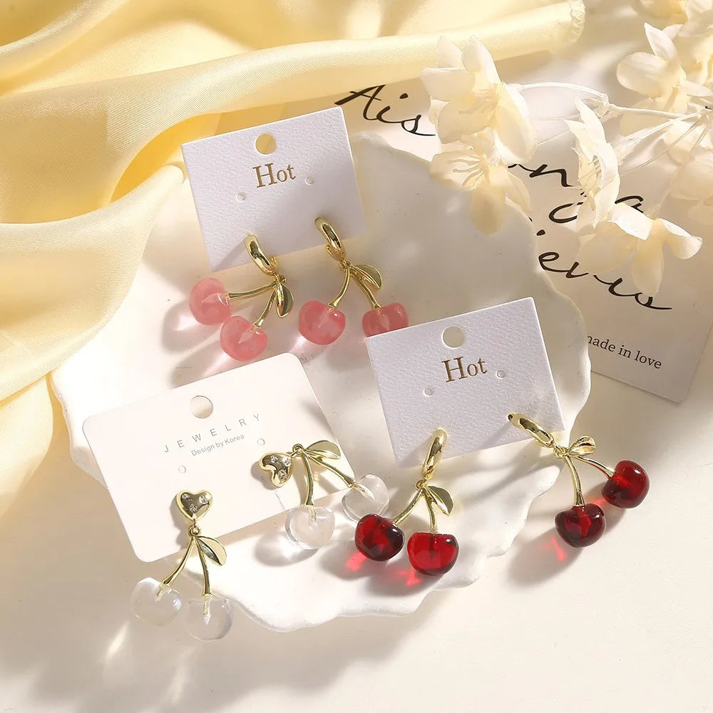 Wholesale Sweet Fresh Resin Earrings Fashion Design Light Luxury Red Cherry Earrings for Women