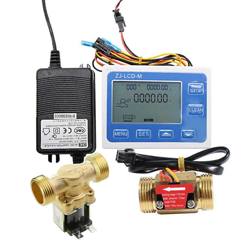 Digital LED Flow Quantitative Controller Instrument+3/4" Male Thread Brass Solenoid Valve+Water Flow Sensor DC24V