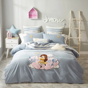 ODM 100% Cotton Blue Bedsheet High-grade Fluffy king Size White Cartoon Embroidery Quilt Cover Kids' Bedding Set Manufacturer