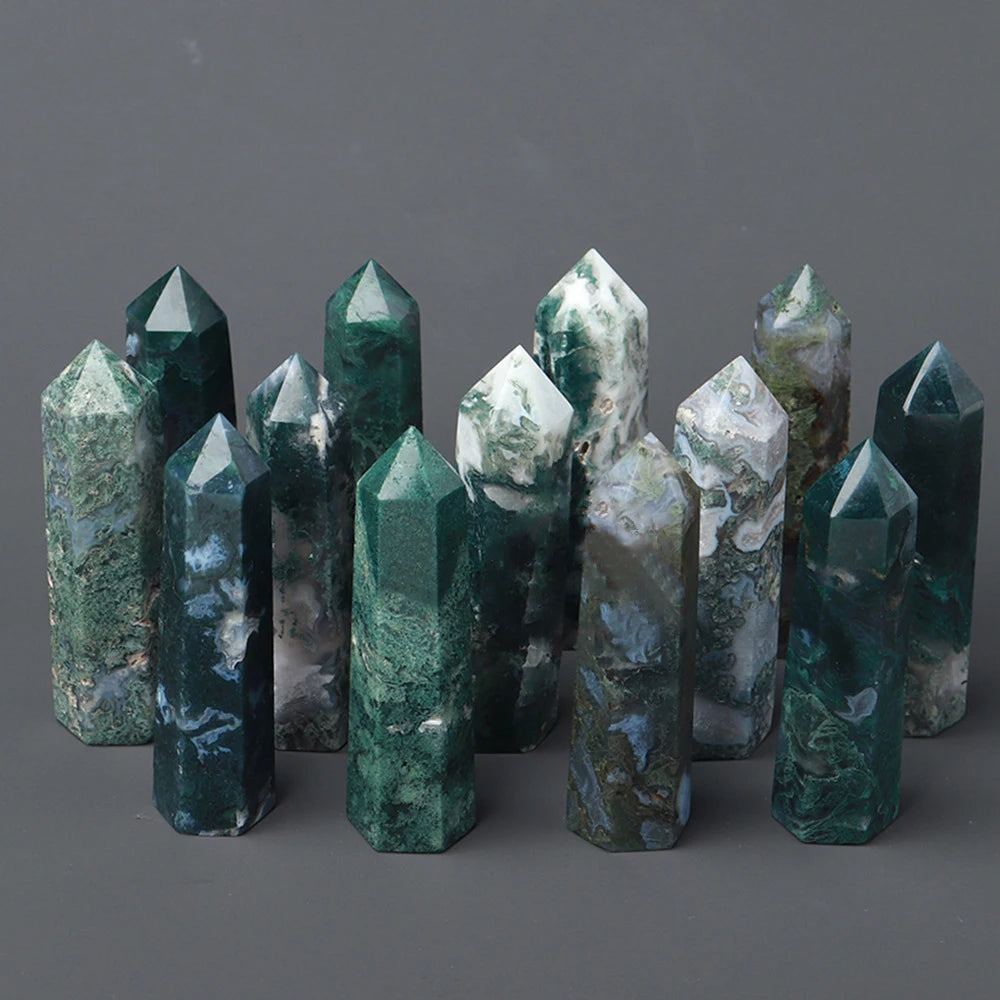 Faceted Prism Wand Natural Love Feng Shui Polished Moss Agate Reiki Chakra Stone Crystal for Home Decor Old Category-Crystal