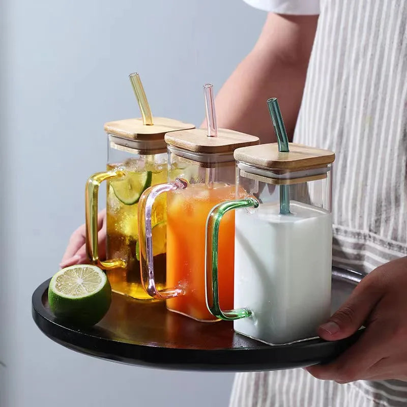 Hot Sale Borosilicate Square Shaped Milk Juice Coffee Glass Water Cups With Lid and Straw