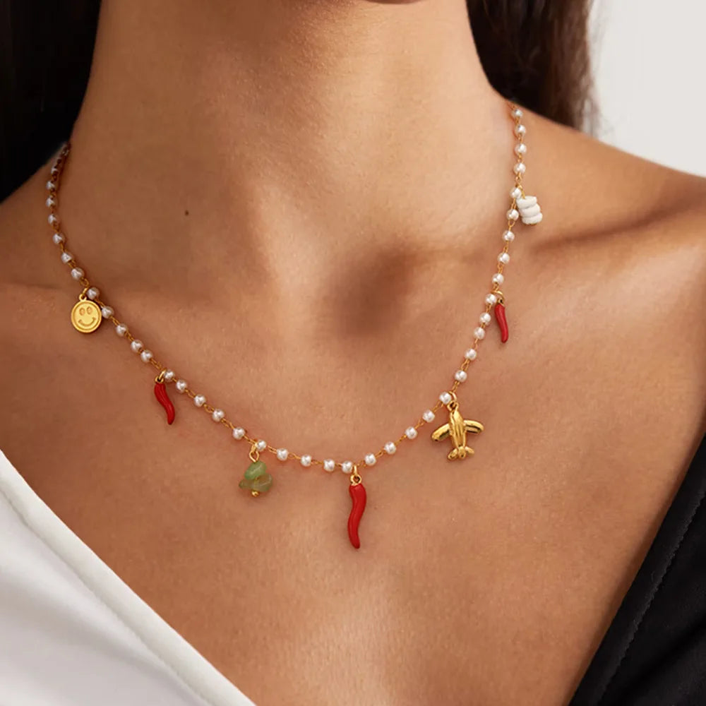 New Ocean 18K PVD Real Gold Plated Stainless Steel Charm Necklace Trendy Vacation Chillie Airplane Smile Face Pearl Necklace