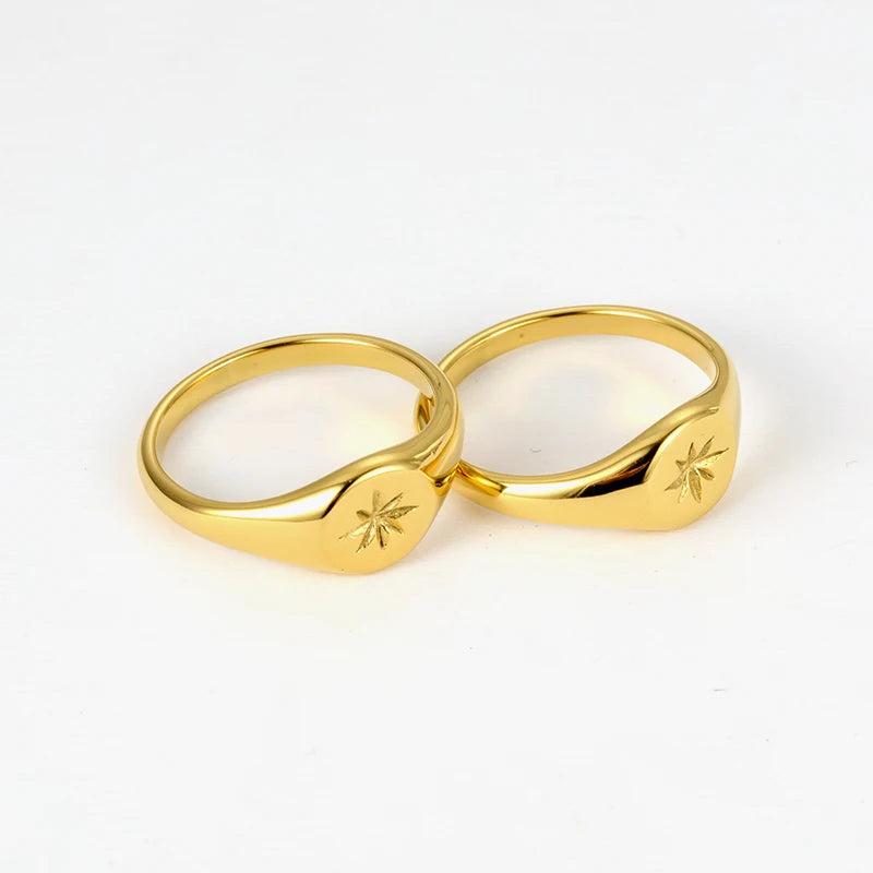 Trendy Hypoallergenic Gold Plated Engraved Six-pointed Star Stainless Steel Signet Ring Jewelry for Ladies Young Women