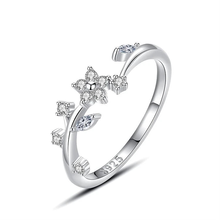 Luxury 925 Sterling Silver CZ Diamond Women Simple Fashion Zircon Open Adjustable Finger Ring