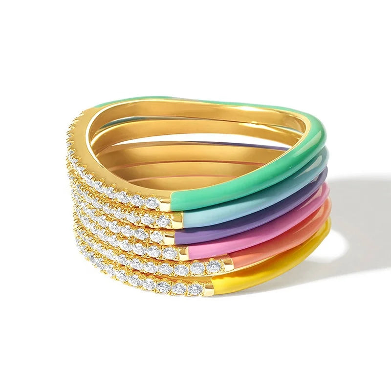 Milskye Gold Plated Custom Color Pave Zircon S925 Wave Enamel Ring for Party