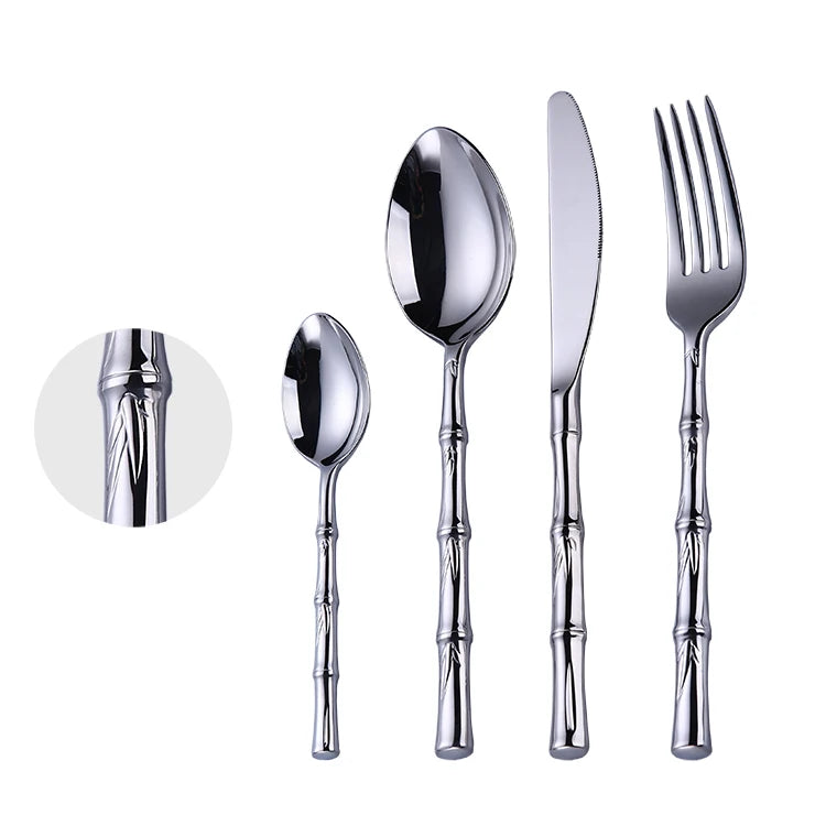 Stainless Steel Cutlery Set with Reusable Bamboo Shaped Handle Silver Flatware Sets with Laser Logo for Back to School