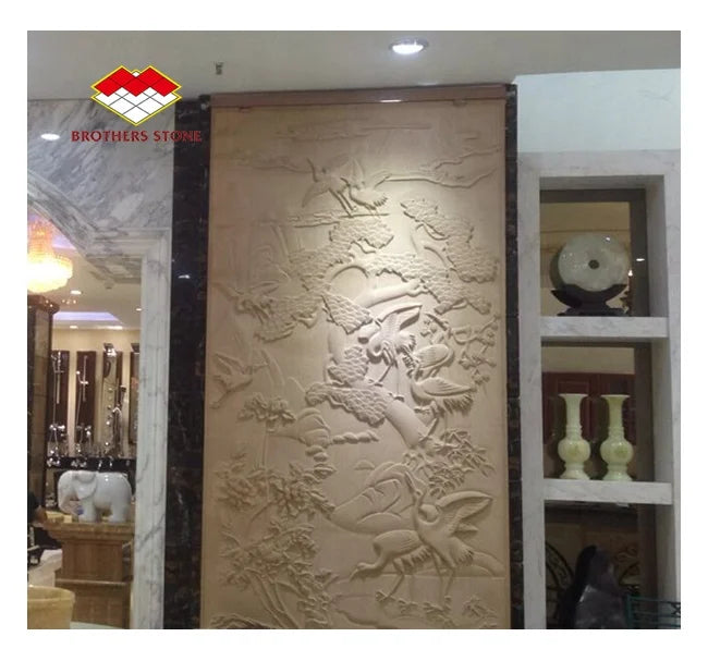 Brothers Chinese Lucky Bird Handmade Beige Natural Sandstone 3D Relief Sculpture Modern Design for Wall/Floor Applications
