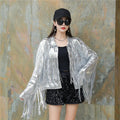 Women's Hip Hop Fashion Tassel Sequin Jacket Silver Red Gold Fringed Tinsel Breathable Cotton Stand Autumn Short Printed