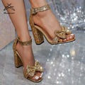 New Women Plus Size Fashion Shiny Bow Party Sexy Sandals Sequin High Heel Women's Pumps Shoes Buckle Thick High Heel Sandals