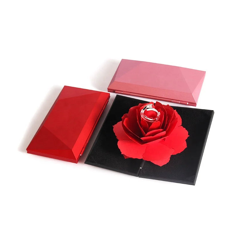 Custom Logo 3D Pop-up Rose Wedding Ring Box Romantic Proposal Jewelry Box Surprise Flower Ring Holder for Engagement Gift