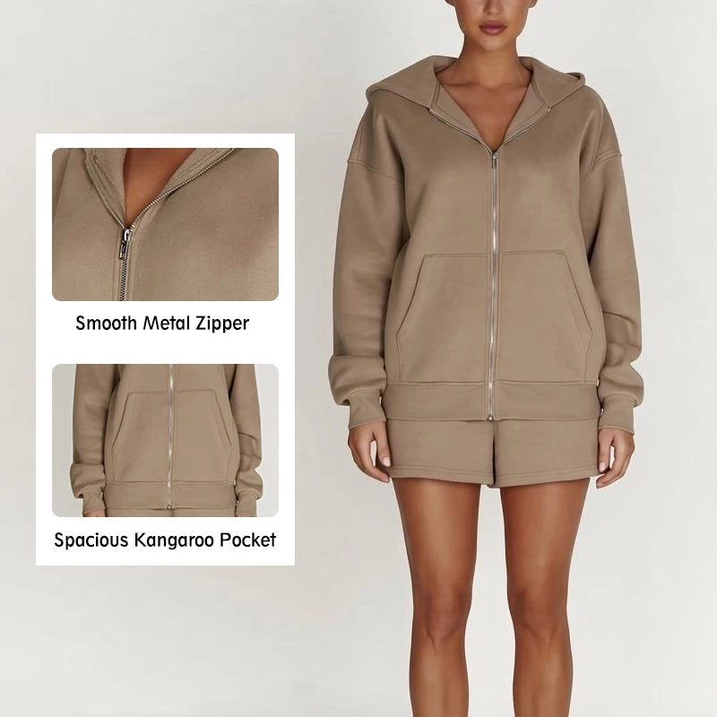 2026 New Oversized Zipper Hoodies Sets Fashionable Women's Full Zip Jogging Suits Cotton Track Shorts Sweatshirt Set