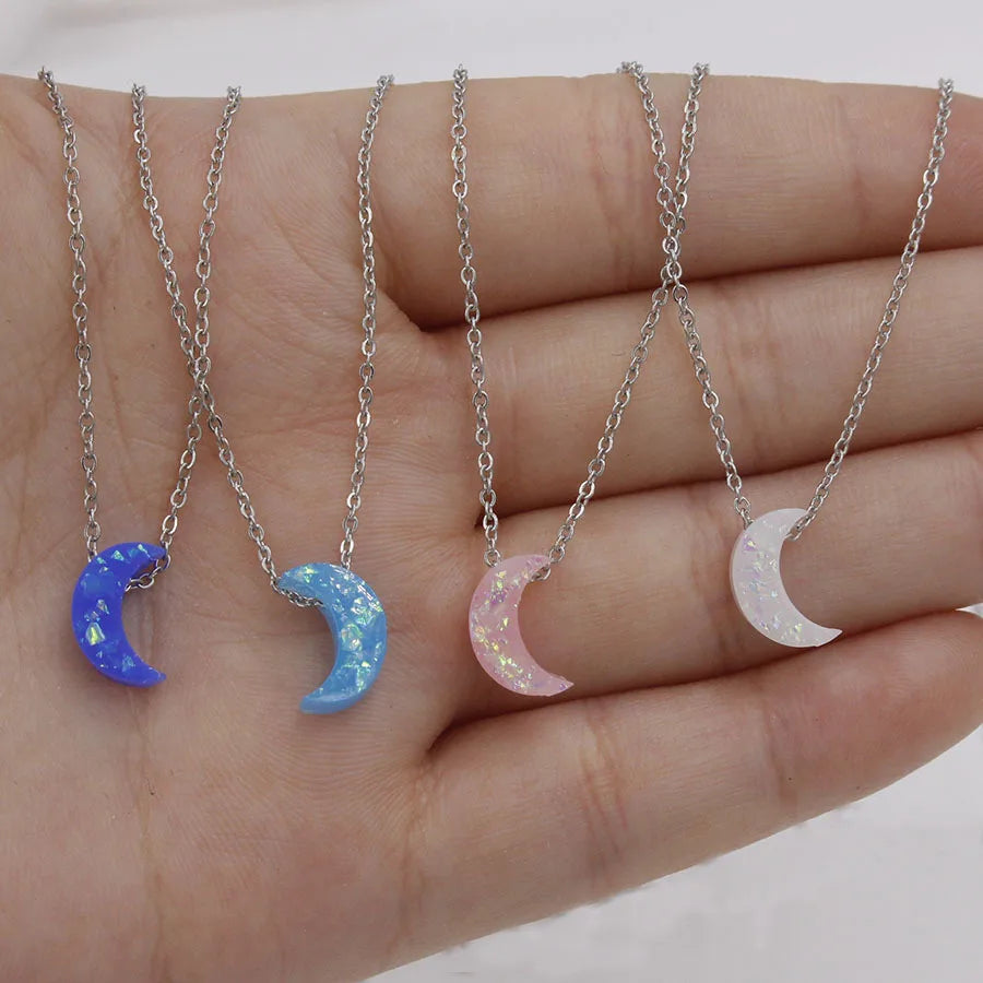 Wholesale Stainless Steel Opal Moon Pendant Necklace Crescent Moon Shape Opal Stone Pendant Necklace Fashion Jewelry