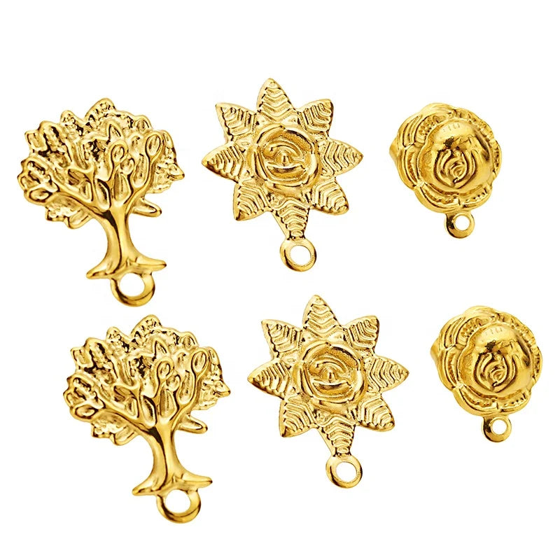 10Pcs Fashion Stainless Steel Stereoscopic Sunflower Rose Tree of Life Stud Earrings for DIY Making Accessories Women Jewelry