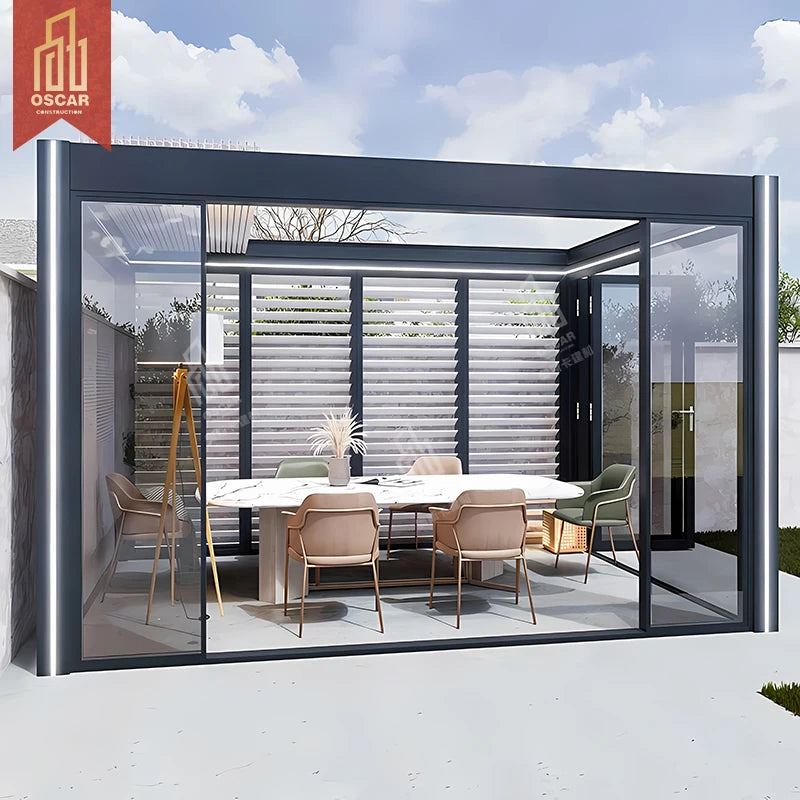 Bioclimatic Aluminium Outdoor Garden Pavilion Blind Gazebo Screen Sunroom Glass Folding Door Greenhouse Retractable Roof Pergola