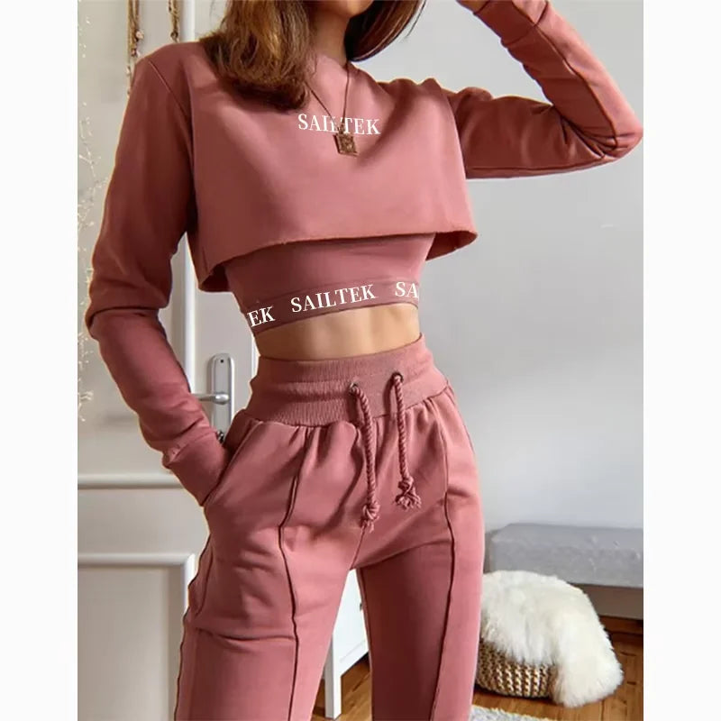 Wholesale Solid Polyester Cotton 2 Piece Crop Top Jogger Set 2025 Causal Two Piece Loungewear Sets for Women Lounge Wear Sets