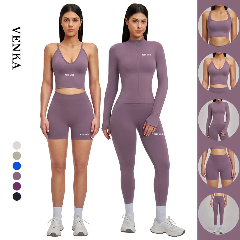 Female Gym Fitness 5-Piece Set Detachable Pads Shockproof Top Seamless High Elastic Tight Butt Lift Pants Quick Dry Yoga Solid