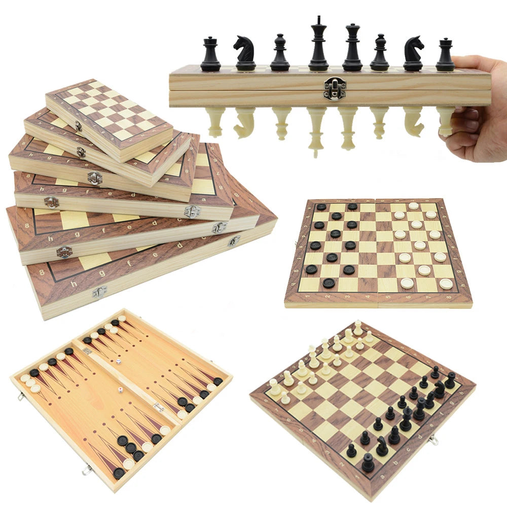24cm/9.5 Inches 3-in-1 Wooden Magnetic Backgammon Tic Tac Toe Ludo Game Board Foldable Chess Board for Indoor Use