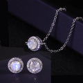 Delicate Circle Halo Round 5MM Angled-cut Blue Moonstone Stud Earrings & Cabochon Moonstone Bracelet 925 Silver Jewelry Set