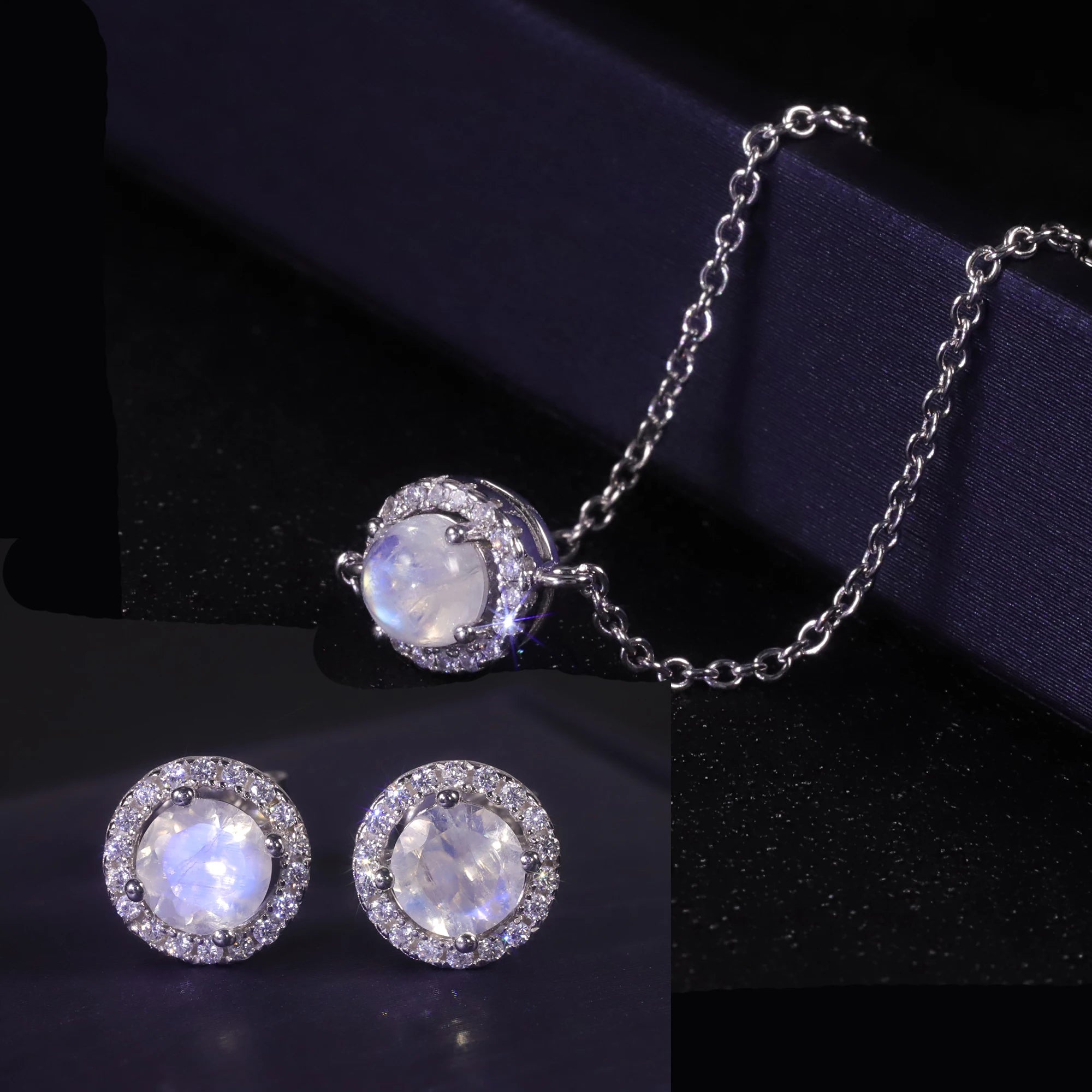 Delicate Circle Halo Round 5MM Angled-cut Blue Moonstone Stud Earrings & Cabochon Moonstone Bracelet 925 Silver Jewelry Set