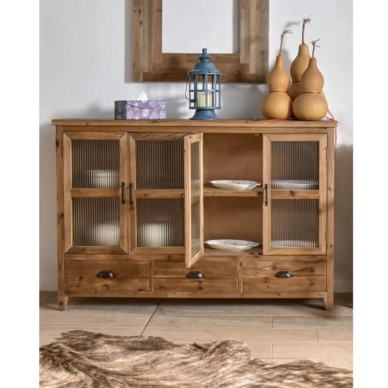 Innova Home Rustic Recycled Pine Wood Cabinet Classical Natural Style Living Room Storage Drawer Cabinets With Glass Door