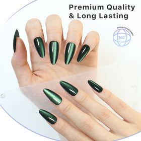 AIERFEI 24pcs Acrylic Deep Green Cat Eye Nails Long Almond High End Press on Nails Wholesale Designed Ready to Wear