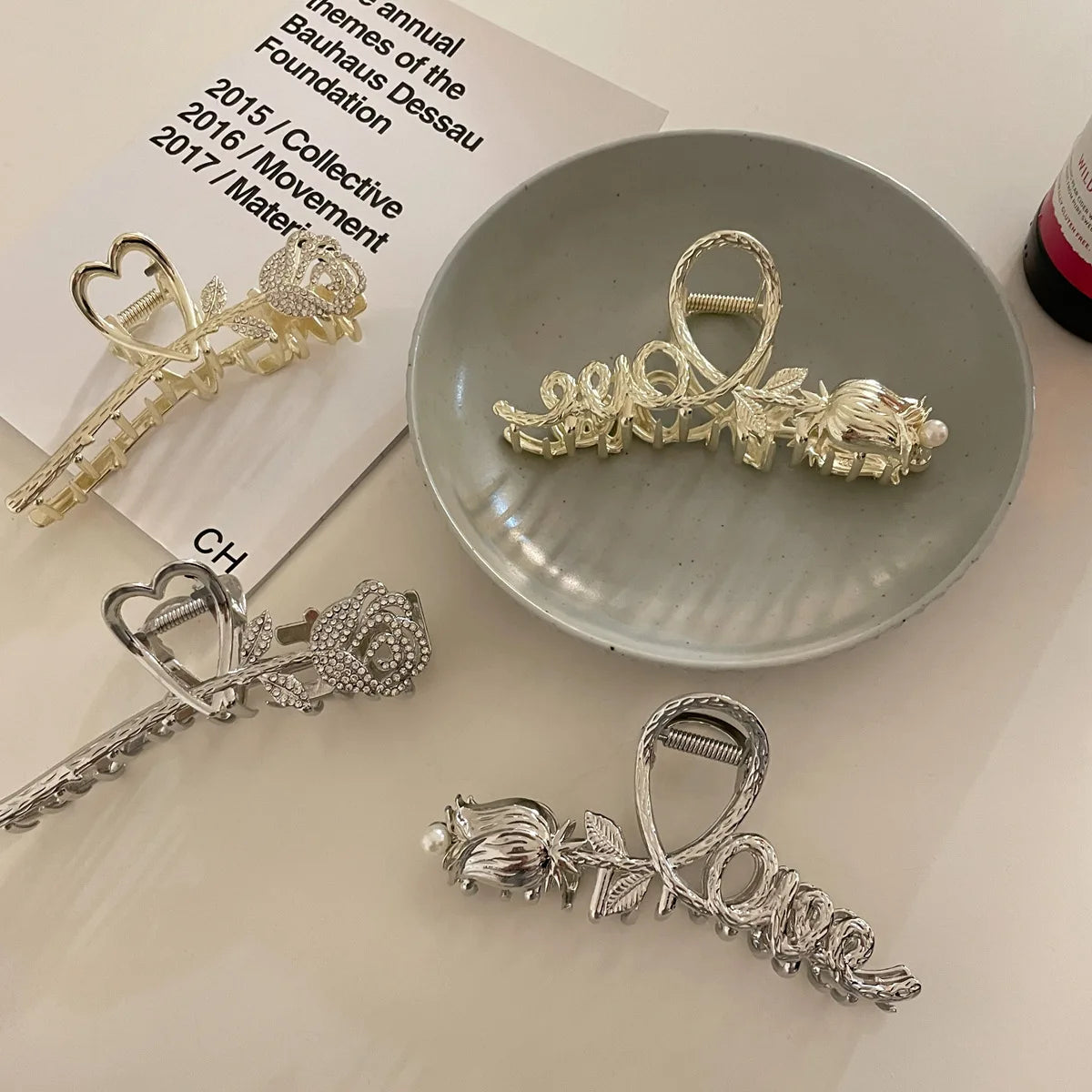 BPHNE 2023 Rhinestones Tulip Rose Flower Metal Hair Grab Double-sided Hairpin Hair Claws Accessories