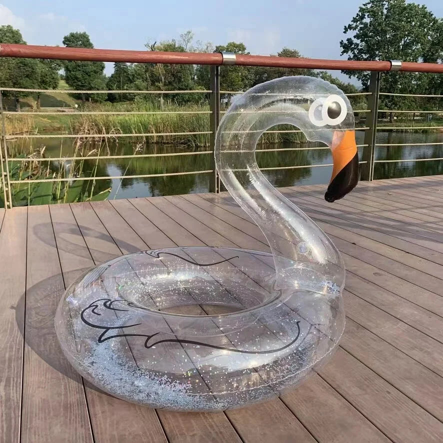 Transparent Non Phthalate PVC Pink Durable Adult Women's Inflatable Swim Ring with Flamingo Design for Water Sport