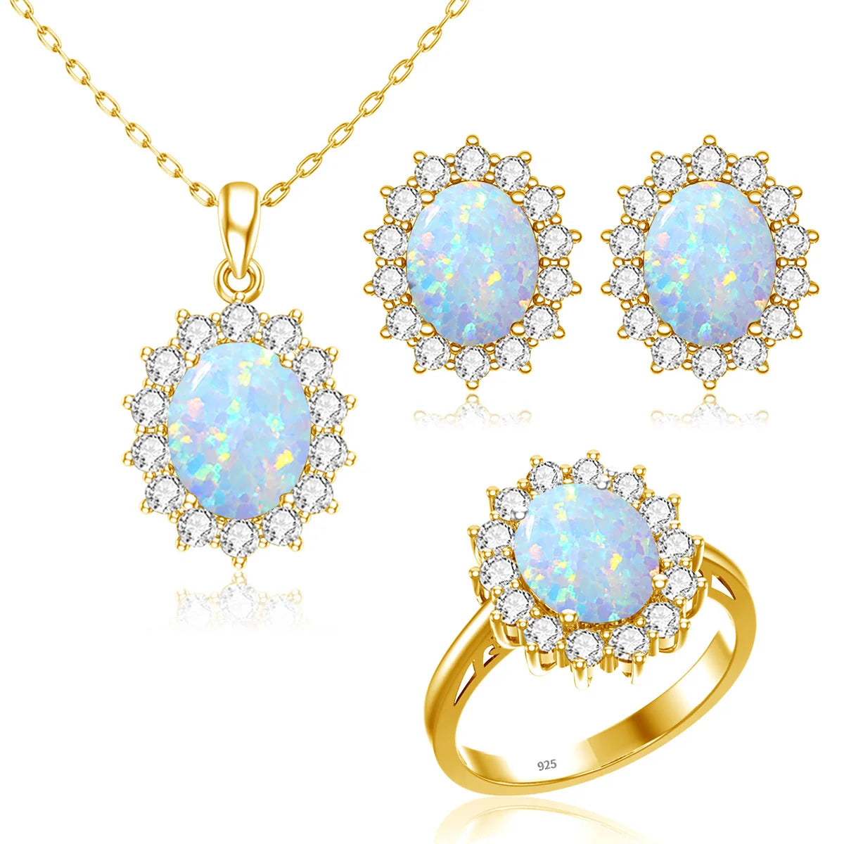 18K Gold Plated Opal Jewelry Sets Classic Princess Diana Style Ring Stud Necklace Wedding Silver Dropshipping Jewelry Set