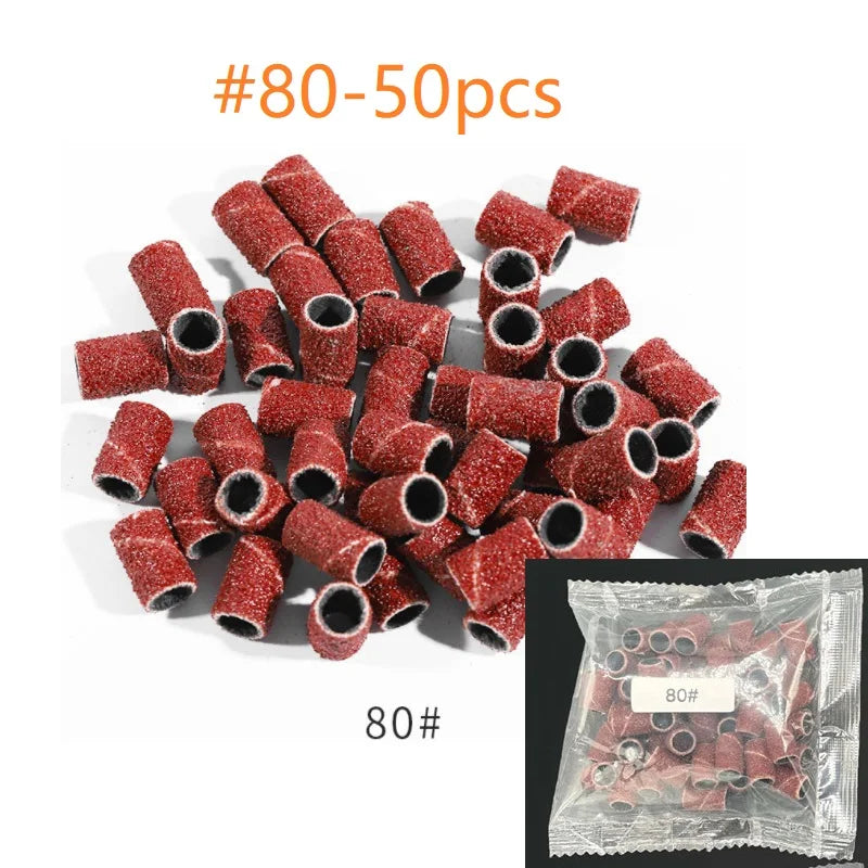 NAD002A 50pcs Double Sided EMERY Abrasive Sleeves Sanding Bands Nail Drill Bits Manicure Tools