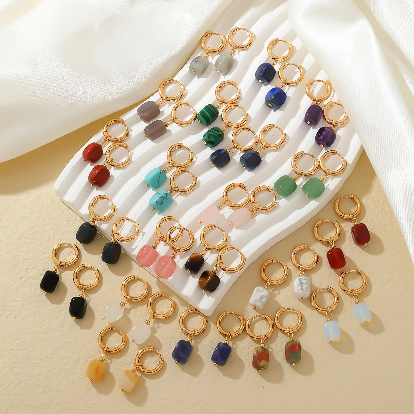 DAIHE New Arrivals Gold Plated Stainless Steel Huggie Hoop Earrings Natural square Gemstone Pendant Earrings Jewelry Women Gifts