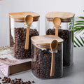 Bamboo Lid High Borosilicate Glass Square Coffee Bean Storage Jar with Spoon 1000ml Airtight for Food or Candy