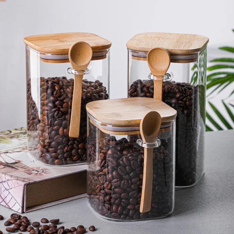 Bamboo Lid High Borosilicate Glass Square Coffee Bean Storage Jar with Spoon 1000ml Airtight for Food or Candy